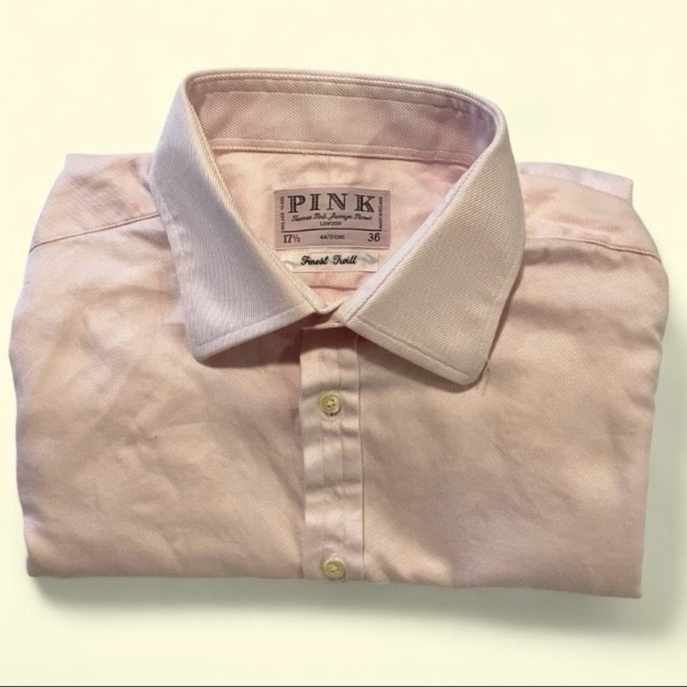 Thomas Pink Finest Twill Men's Button Down Dress Shirt Size 17.5x36 Ireland Pink